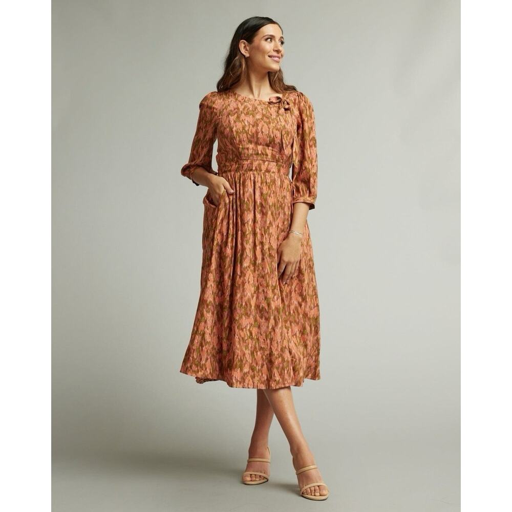 NWT Downeast Ziggy Tie Dress Midi Abstract Print Size‎ XL Romantic Modest Button